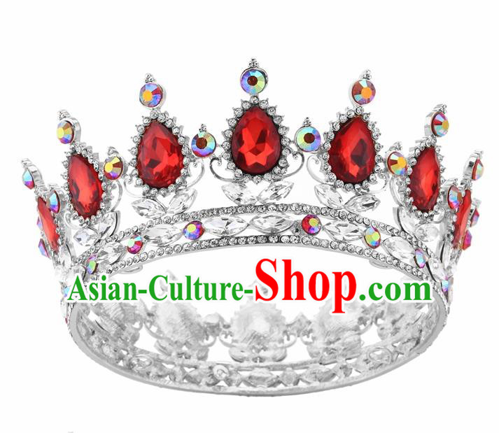 Top Grade Queen Retro Red Rhinestone Royal Crown Baroque Wedding Bride Hair Accessories for Women