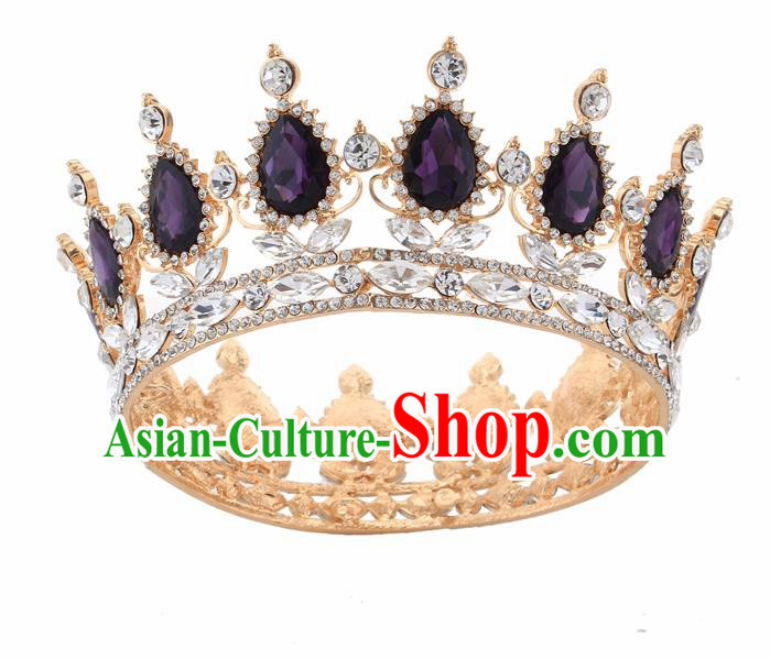 Top Grade Queen Retro Purple Rhinestone Golden Royal Crown Baroque Wedding Bride Hair Accessories for Women