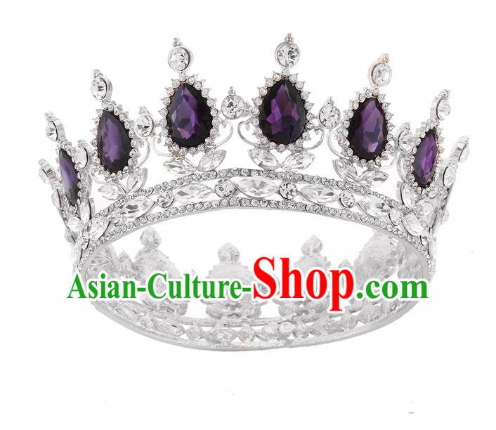 Top Grade Queen Retro Purple Rhinestone Royal Crown Baroque Wedding Bride Hair Accessories for Women
