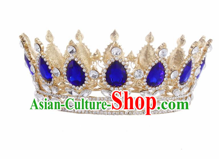 Top Grade Queen Retro Blue Rhinestone Golden Royal Crown Baroque Wedding Bride Hair Accessories for Women