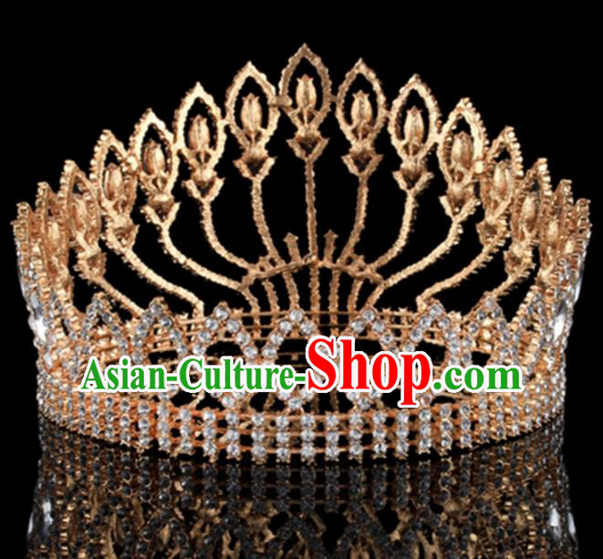 Handmade Top Grade Queen Crystal Golden Round Royal Crown Baroque Bride Retro Wedding Hair Accessories for Women