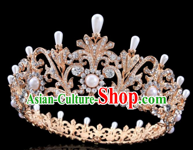 Top Grade Handmade Wedding Crystal Pearls Golden Royal Crown Baroque Retro Hair Accessories for Women