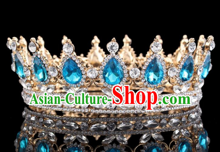 Top Grade Baroque Court Queen Blue Crystal Golden Royal Crown Retro Wedding Bride Hair Accessories for Women
