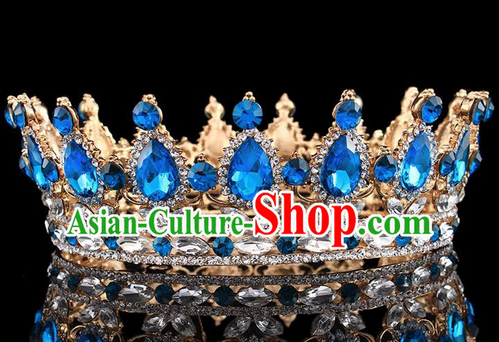Top Grade Baroque Court Queen Blue Crystal Round Royal Crown Retro Wedding Bride Hair Accessories for Women