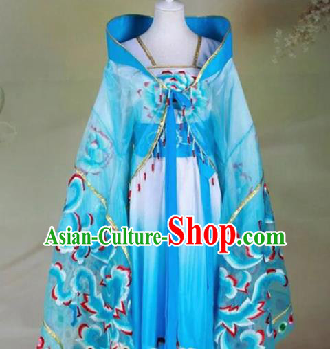 Chinese Tang Dynasty Imperial Consort Embroidered Costumes Ancient Princess Blue Hanfu Dress for Women