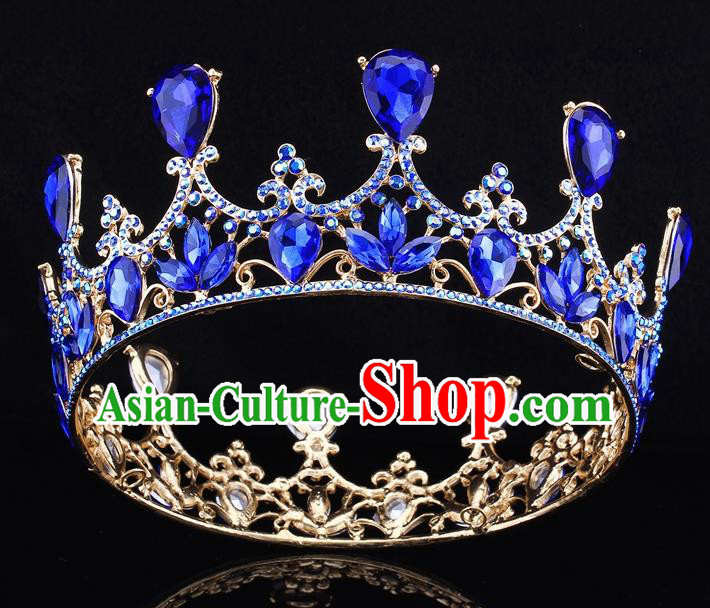 Top Grade Baroque Court Princess Blue Round Royal Crown Wedding Bride Hair Accessories for Women