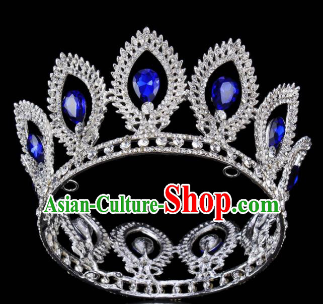 Top Grade Bride Wedding Hair Jewelry Accessories Baroque Blue Crystal Round Royal Crown for Women