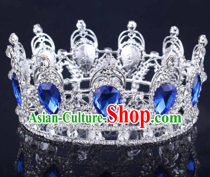 Handmade Bride Wedding Hair Jewelry Accessories Baroque Blue Crystal Round Royal Crown for Women