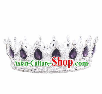 Handmade Bride Wedding Hair Jewelry Accessories Baroque Queen Purple Crystal Royal Crown for Women