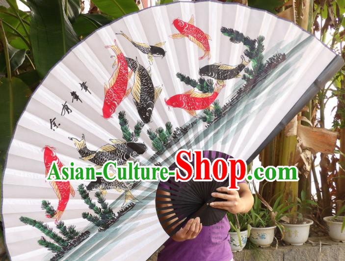 Chinese Traditional Paper Fans Decoration Crafts Handmade Printing Nine Fishes Black Frame Folding Fans