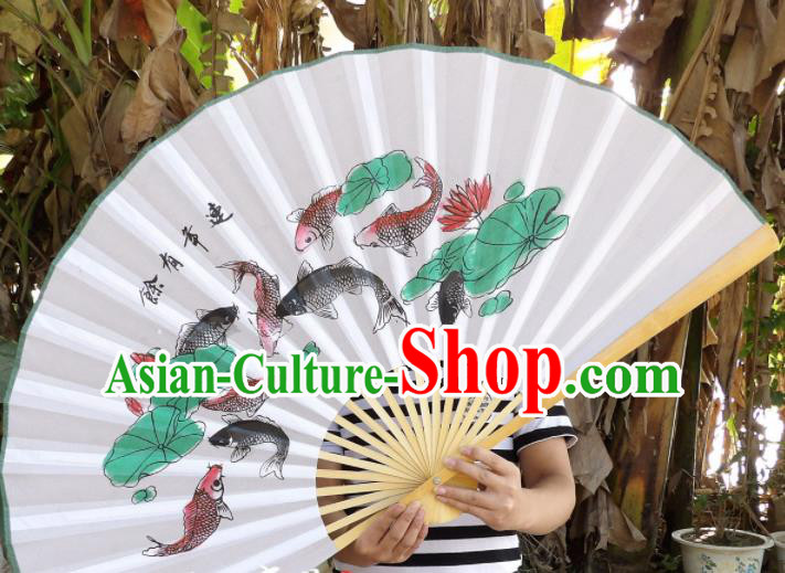 Chinese Traditional Paper Fans Decoration Crafts Handmade Printing Nine Fishes Lotus Wood Frame Folding Fans