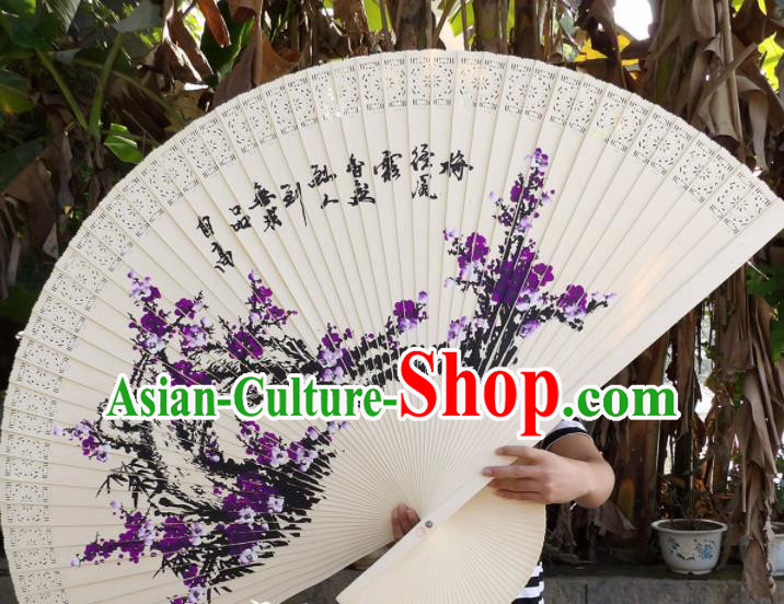 Chinese Traditional Wood Fans Decoration Crafts Handmade Printing Purple Plum Blossom Folding Fans