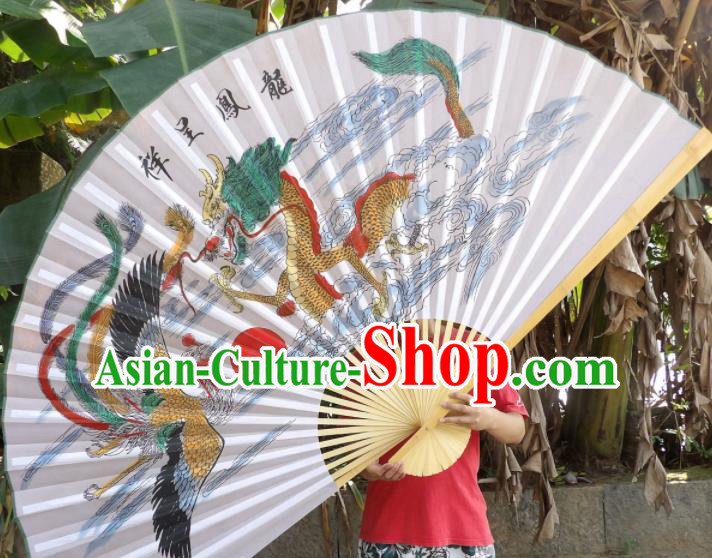 Chinese Traditional Handmade Paper Fans Decoration Crafts Printing Dragon Phoenix Wood Frame Folding Fans