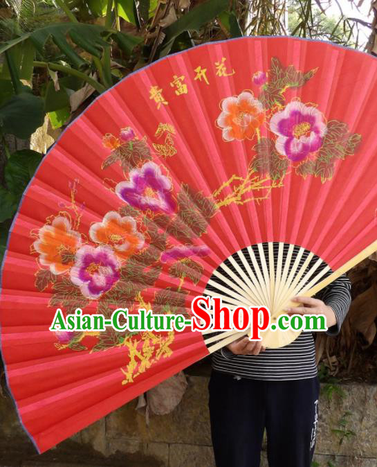 Chinese Traditional Handmade Red Silk Fans Decoration Crafts Printing Peony Wood Frame Folding Fans