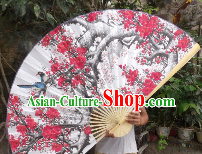 Chinese Traditional Handmade White Paper Fans Decoration Crafts Printing Plum Blossom Wood Frame Folding Fans