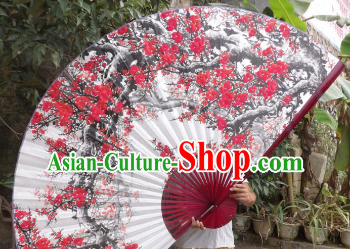 Chinese Traditional Handmade White Paper Fans Decoration Crafts Printing Plum Blossom Red Frame Folding Fans