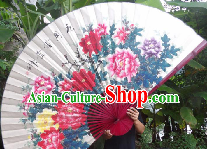 Chinese Traditional Decoration Crafts Red Wood Frame Folding Fans Ink Painting Peony Paper Fans