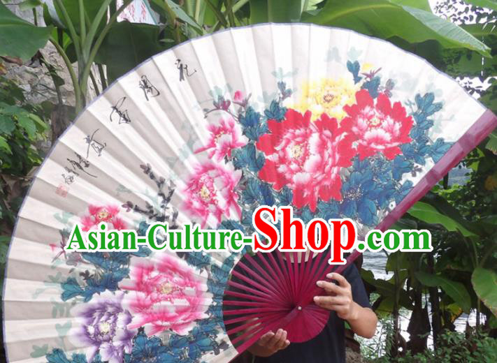 Chinese Traditional Decoration Crafts Red Wood Frame Folding Fans Hand Painting Peony Paper Fans