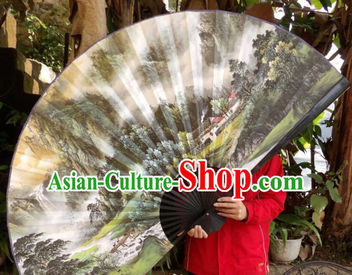 Chinese Traditional Fans Decoration Crafts Hand Painting Landscape Black Frame Folding Fans Paper Fans