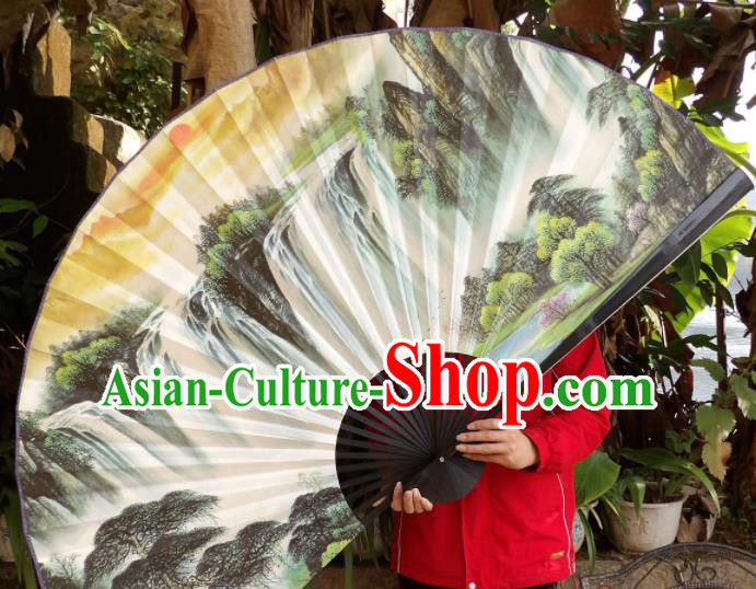 Chinese Traditional Fans Decoration Crafts Hand Painting Waterfall Landscape Black Frame Folding Fans Paper Fans