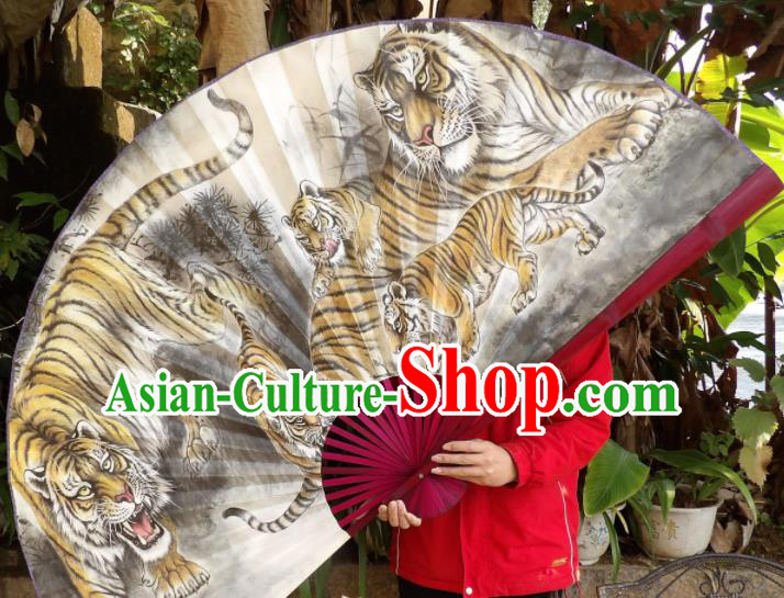 Chinese Traditional Fans Decoration Crafts Painting Tigers Red Frame Folding Fans Paper Fans