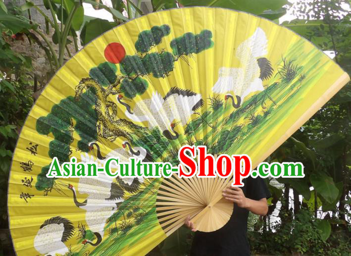 Chinese Traditional Fans Decoration Crafts Wood Frame Painting Cranes Folding Fans Yellow Paper Fans
