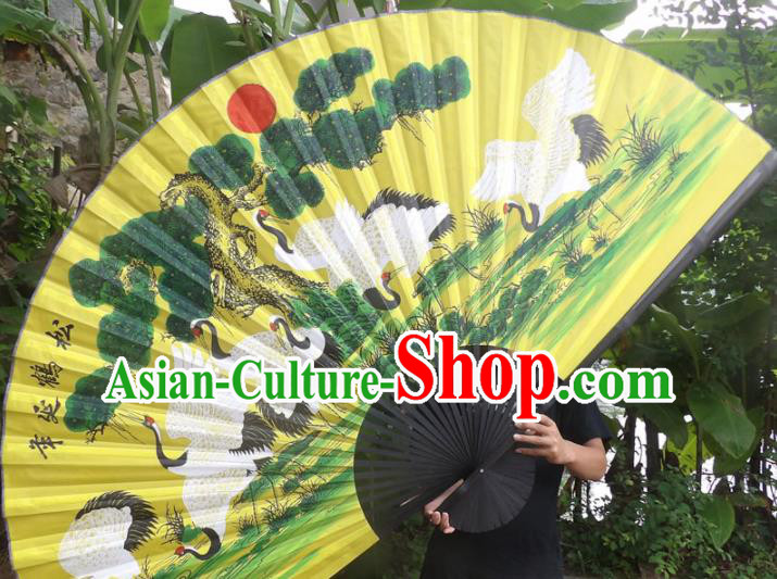 Chinese Traditional Fans Decoration Crafts Black Frame Painting Cranes Folding Fans Yellow Paper Fans
