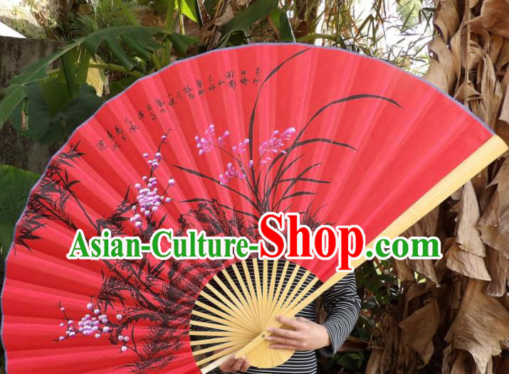 Chinese Traditional Handmade Red Silk Fans Decoration Crafts Ink Painting Orchids Folding Fans