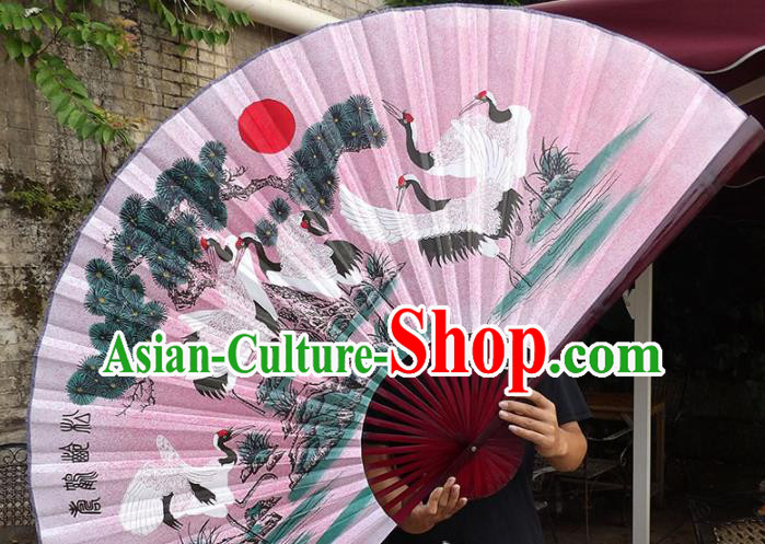 Chinese Traditional Handmade Pink Silk Fans Decoration Crafts Ink Painting Cranes Red Frame Folding Fans