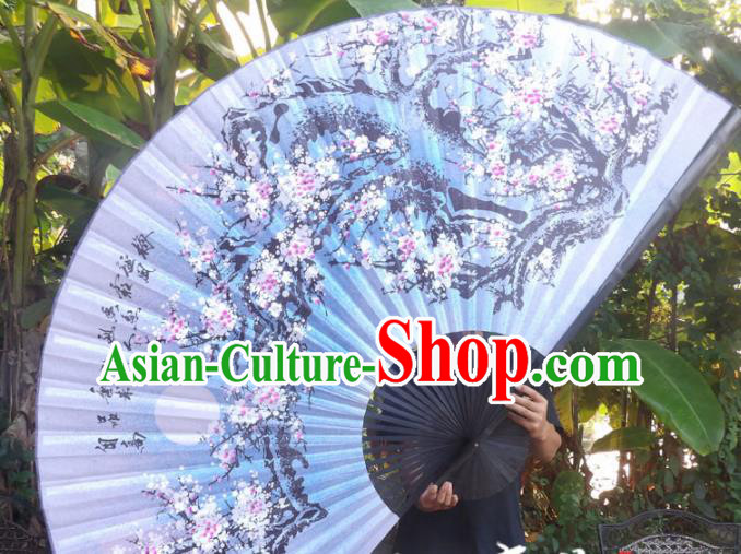 Chinese Traditional Handmade Blue Silk Fans Decoration Crafts Ink Painting Plum Blossom Black Frame Folding Fans