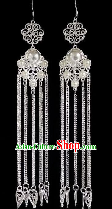 Chinese Ethnic Jewelry Accessories Mongolian Minority Nationality Long White Earrings for Women
