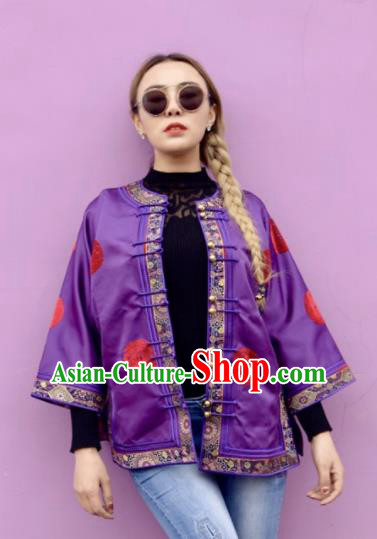 Chinese Traditional Mongol Ethnic Costume Mongolian Minority Nationality Purple Brocade Blouse for Women