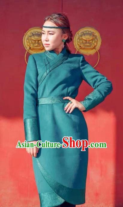 Chinese Mongol Minority Ethnic Costume Traditional Mongolian Green Woolen Coat for Women