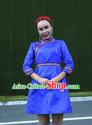 Chinese Mongol Minority Ethnic Costume Traditional Mongolian Blue Brocade Dress for Women