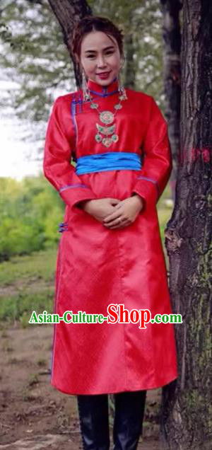 Chinese Mongol Minority Ethnic Costume Traditional Red Brocade Mongolian Robe for Women