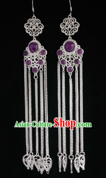 Chinese Ethnic Jewelry Accessories Mongolian Minority Nationality Long Purple Earrings for Women