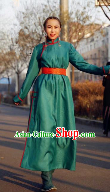 Chinese Traditional Mongol Ethnic Female Costume Mongolian Minority Nationality Green Robe for Women