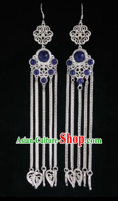 Chinese Ethnic Jewelry Accessories Mongolian Minority Nationality Long Blue Earrings for Women
