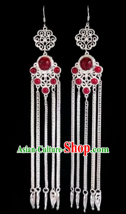 Chinese Ethnic Jewelry Accessories Mongolian Minority Nationality Long Red Earrings for Women