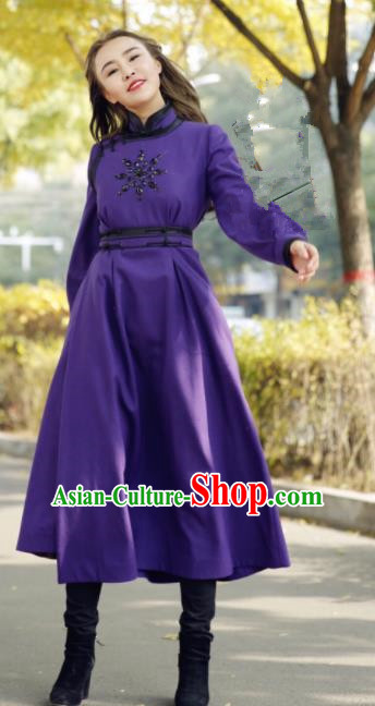 Chinese Traditional Mongol Minority Ethnic Costume Purple Wool Mongolian Robe for Women
