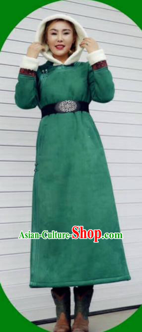 Chinese Traditional Mongol Minority Ethnic Costume Green Suede Fabric Mongolian Dust Coat for Women