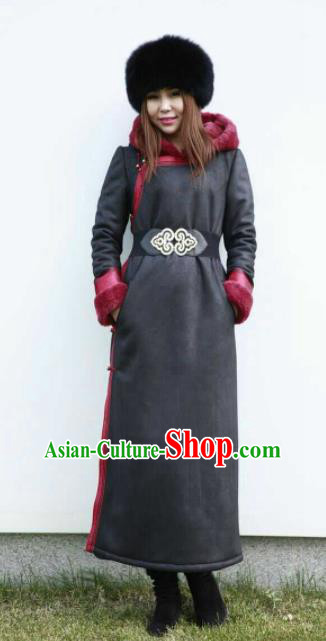 Chinese Traditional Mongol Minority Ethnic Costume Black Suede Fabric Mongolian Dust Coat for Women