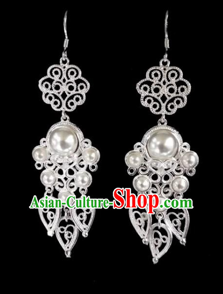 Chinese Ethnic Jewelry Accessories Mongolian Minority Nationality White Beads Earrings for Women