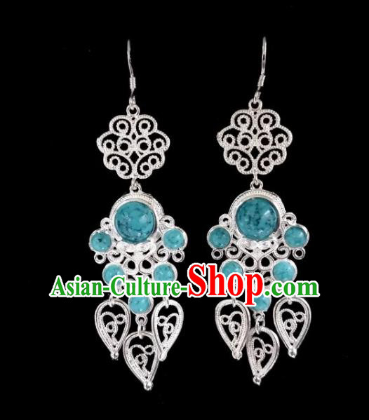 Chinese Ethnic Jewelry Accessories Mongolian Minority Nationality Blue Beads Earrings for Women