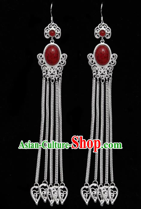 Chinese Ethnic Jewelry Accessories Mongolian Minority Long Tassel Red Earrings for Women