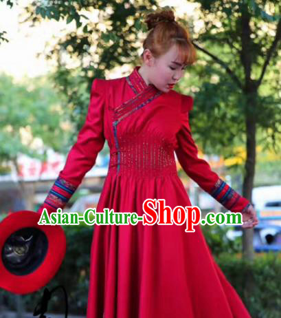Chinese Traditional Mongol Minority Ethnic Costume Mongolian Red Dust Coat for Women