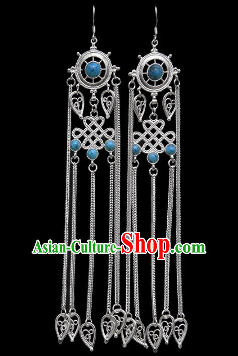 Chinese Traditional Ethnic Jewelry Accessories Mongolian Blue Gems Earrings for Women