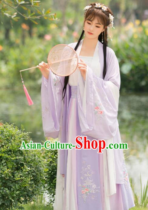 Traditional Chinese Tang Dynasty Palace Princess Embroidered Costumes Ancient Peri Purple Hanfu Dress for Rich Women