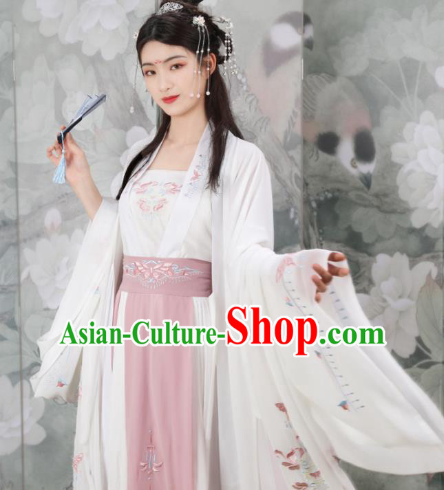 Traditional Chinese Tang Dynasty Nobility Lady Embroidered Costumes Ancient Peri Goddess White Hanfu Dress for Rich Women