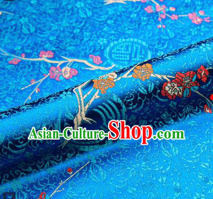 Asian Chinese Blue Brocade Fabric Traditional Plum Blossom Pattern Design Satin Tang Suit Silk Fabric Material